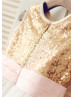 Gold Sequin Ivory Tulle With Pink Flower Sash Knee Length Flower Girl Dress